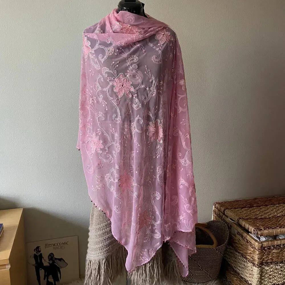Y2K vintage 2000s pink embroidered beaded scarf shawl wrap floral - Picture 1 of 7